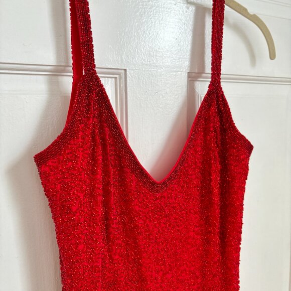 Red Beaded Vintage Dress Sequin Glitter Holiday Mini Sleeveless Short Silk 6 8 M - Picture 2 of 8